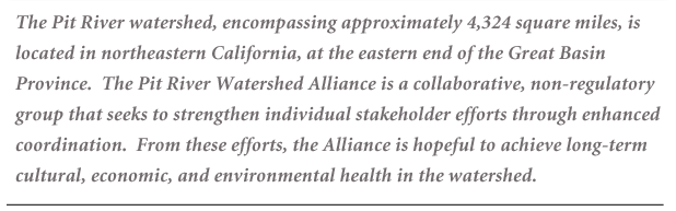 The Pit River watershed, encompassing approximately 4,324 square miles, is located in northeastern California, at the eastern end of the Great Basin Province. The Pit River Watershed Alliance is a collaborative, non-regulatory group that seeks to strengthen individual stakeholder efforts through enhanced coordination. From these efforts, the Alliance is hopeful to achieve long-term cultural, economic, and environmental health in the watershed. 